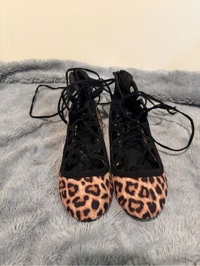 Qupid Leopard Print Lace-Up Flats in Black and Brown